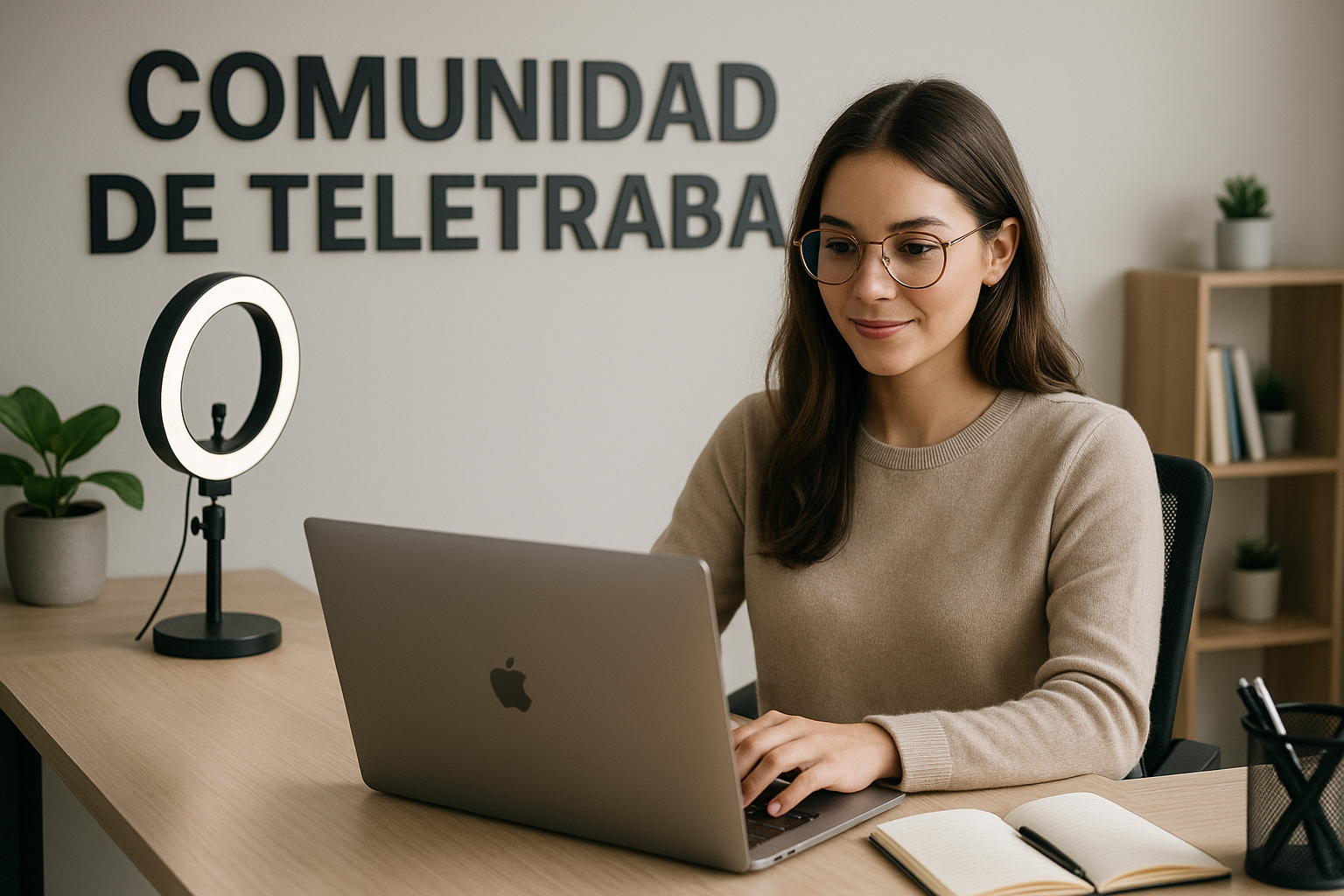 genera una foto de alta definicion de una chica teletrabajando con letrero detras que ponga COMUNIDAD DE TELETRABAJO